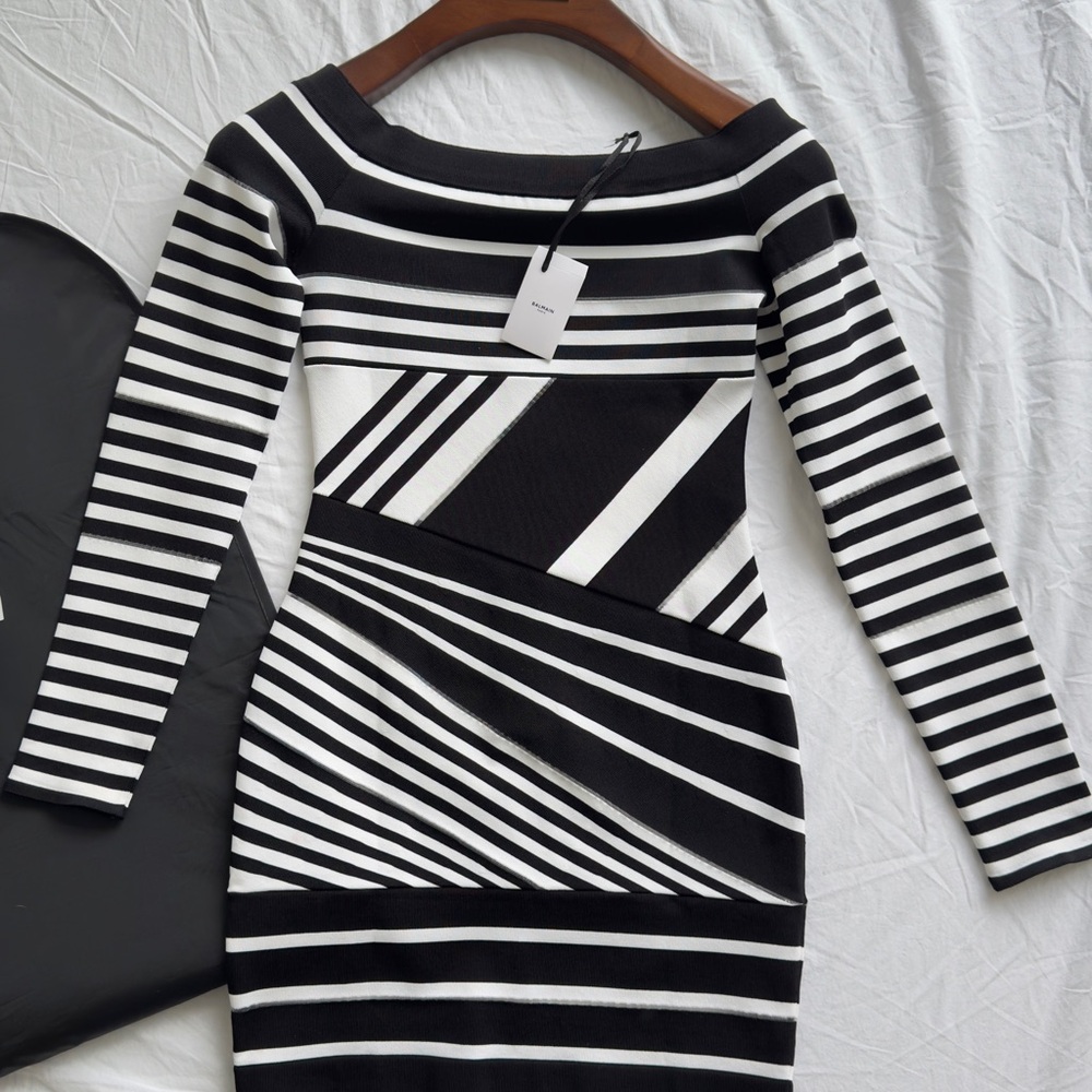 BALMAIN Luxury designer Striped Mini Dress